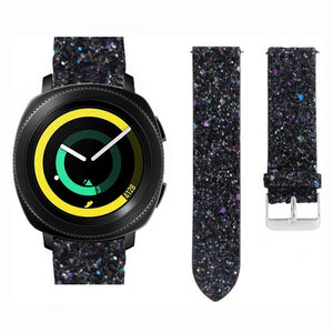 Leather Strap with Glitters, black, on a watch, 3/4 front view