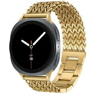 Metal Mesh Strap, gold, on a watch, 3/4 front view