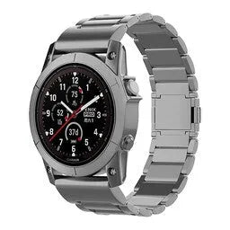 Magnetic Titanium Strap, graphite, on a watch, 3/4 front view