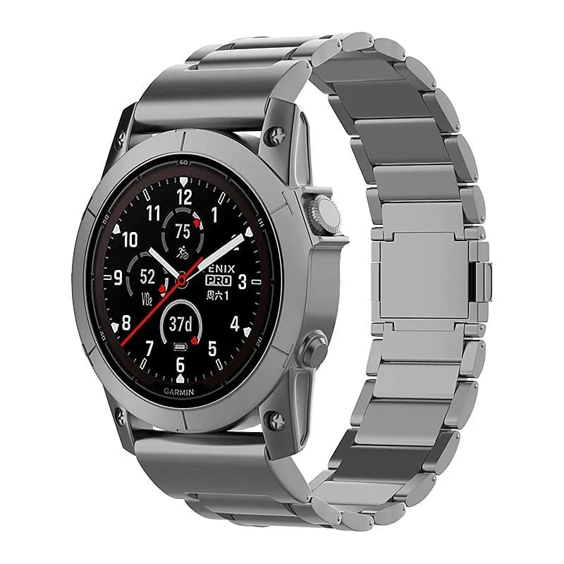 Magnetic Titanium Strap, graphite, on a watch, 3/4 front view