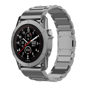 Magnetic Titanium Strap, graphite, on a watch, 3/4 front view