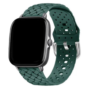 Braided Silicone Strap, dark green, on a watch, 3/4 front view