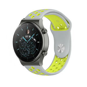Silicone Sport Strap, grey/yellow, on a watch, 3/4 front view