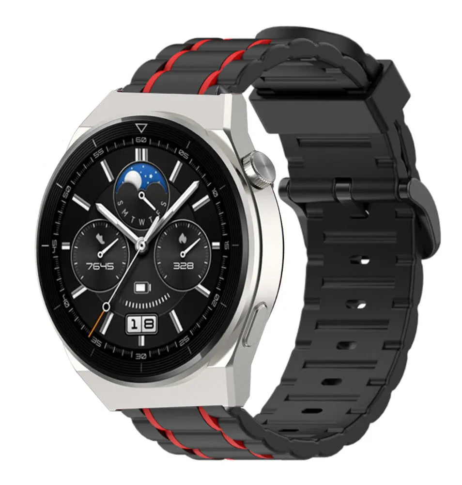 Silicone Sport Strap with Buckle, black/red, on a watch, 3/4 front view