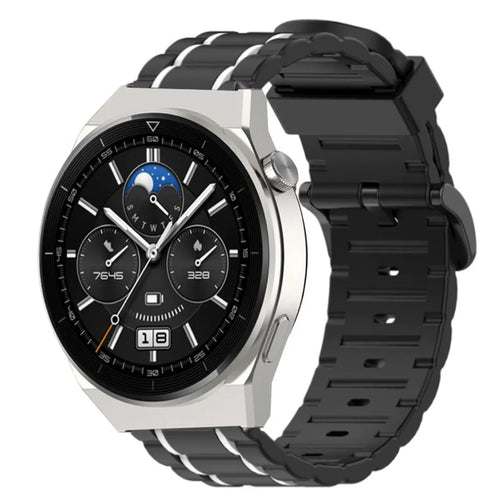Silicone Sport Strap with Buckle, black/white, on a watch, 3/4 front view