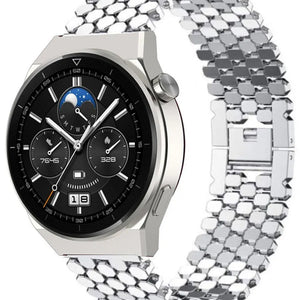 Steel Strap Hexagons, silver, on a watch, 3/4 front view