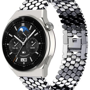 Steel Strap Hexagons, black, on a watch, 3/4 front view