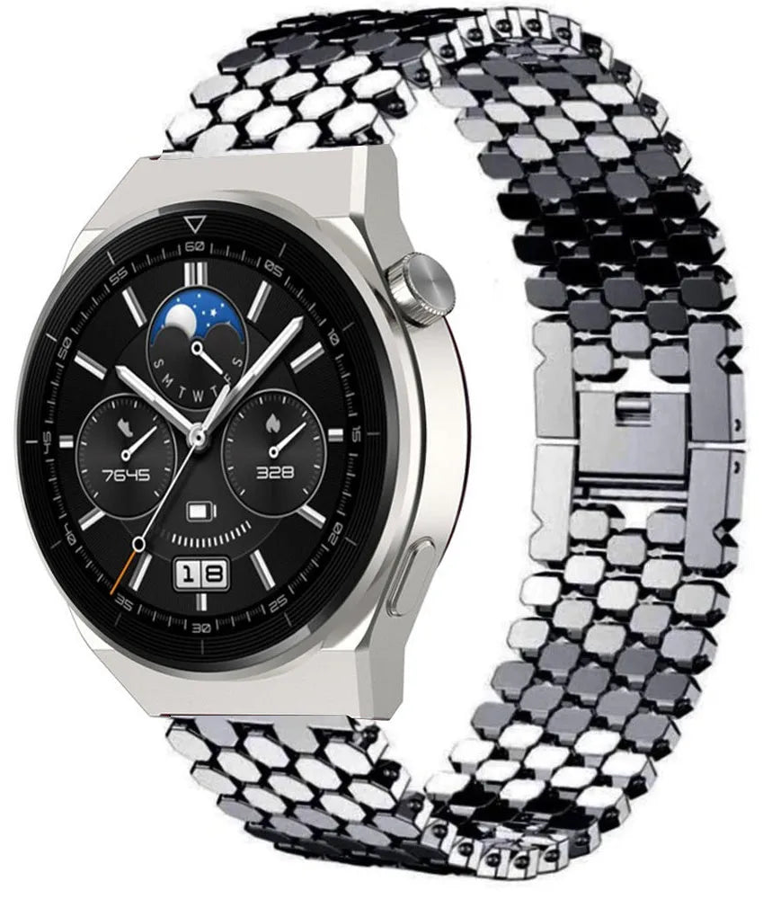 Steel Strap Hexagons, black, on a watch, 3/4 front view