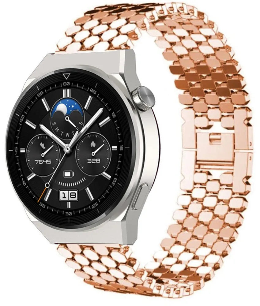 Steel Strap Hexagons, rose gold, on a watch, 3/4 front view