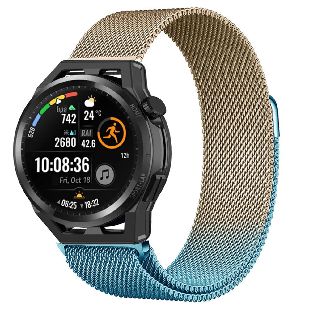 Milanese Strap, blue/gold, on a watch, 3/4 front view
