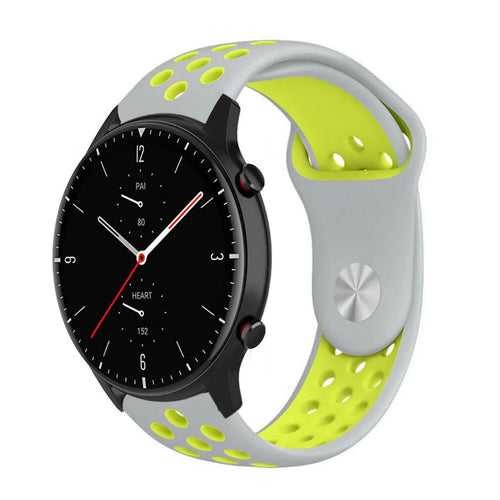 Silicone Sport Strap, grey/yellow, on a watch, 3/4 front view