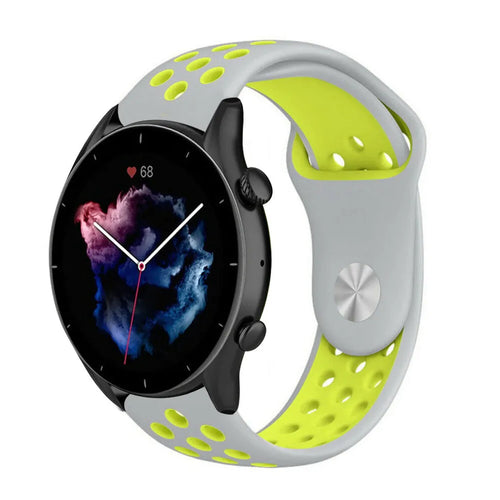 Silicone Sport Strap, grey/yellow, on a watch, 3/4 front view