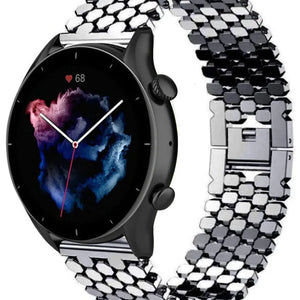 Steel Strap Hexagons, black, on a watch, 3/4 front view
