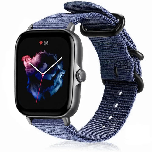 Nylon Buckle Strap, blue, on a watch, 3/4 front view