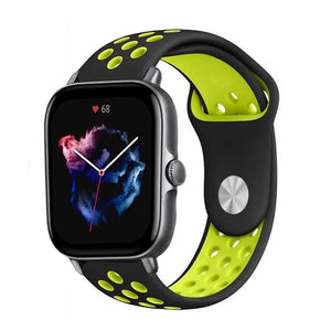 Silicone Sport Strap, black/yellow, on a watch, 3/4 front view