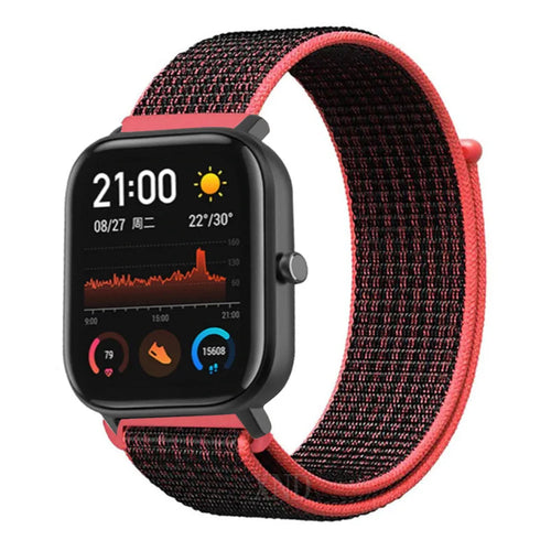 Nylon Strap, black/coral, on a watch, 3/4 front view