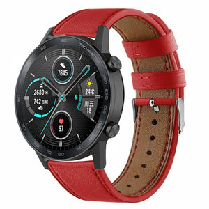 Modern Leather Strap, red, on a watch, 3/4 front view