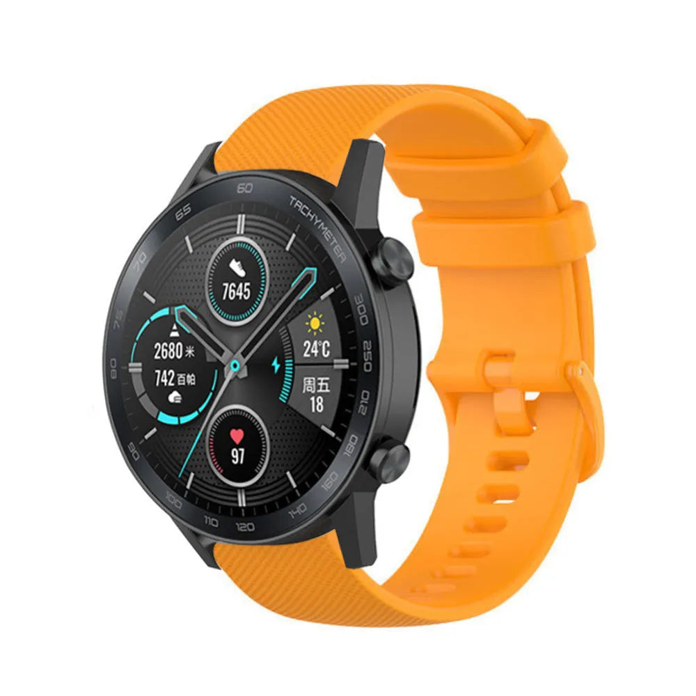 Premium Silicone Strap, orange, on a watch, 3/4 front view