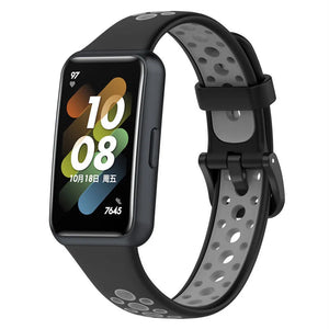 Silicone Sport Strap, black/grey, on a watch, 3/4 front view