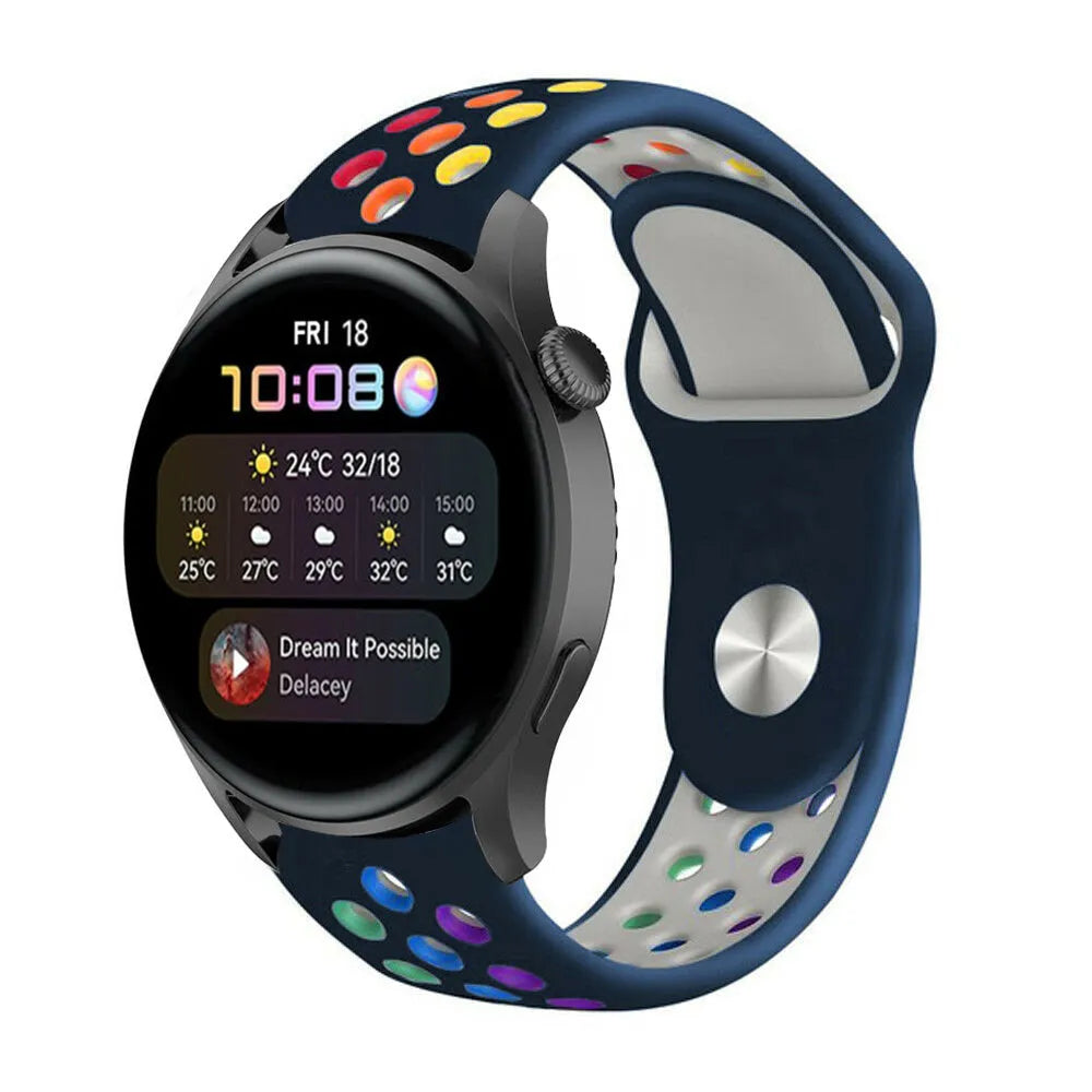 Silicone Sport Strap, dark blue/colourful, on a watch, 3/4 front view