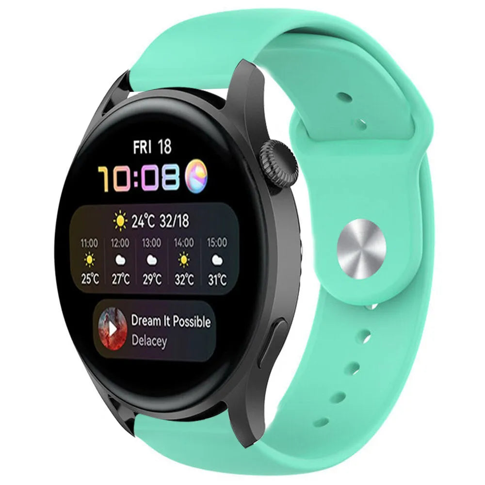 Silicone Sport Strap, aqua, on a watch, 3/4 front view
