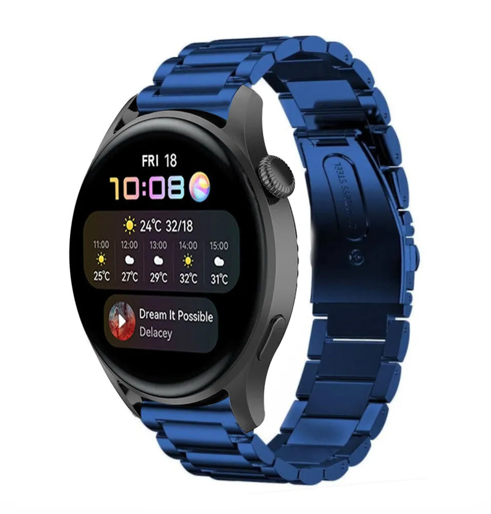 Steel Strap, blue, on a watch, 3/4 front view