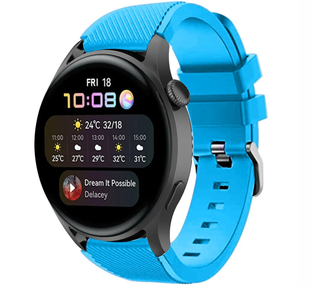 Twill Silicone Strap, light blue, on a watch, 3/4 front view