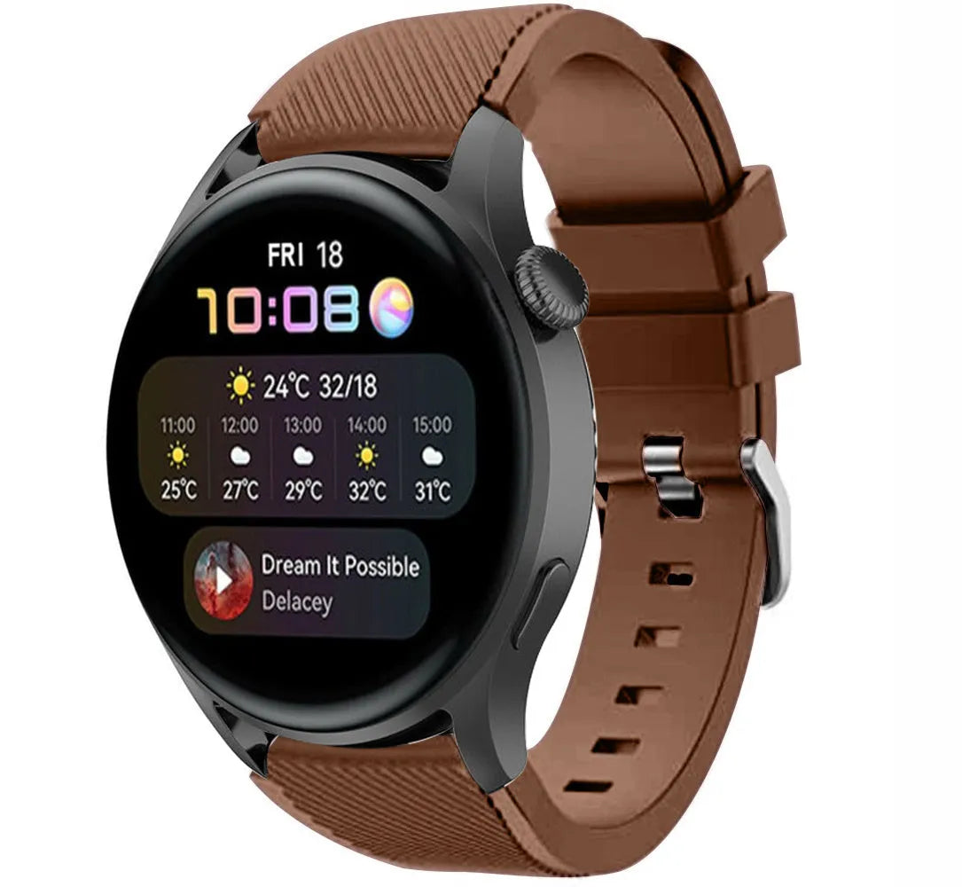 Twill Silicone Strap, brown, on a watch, 3/4 front view