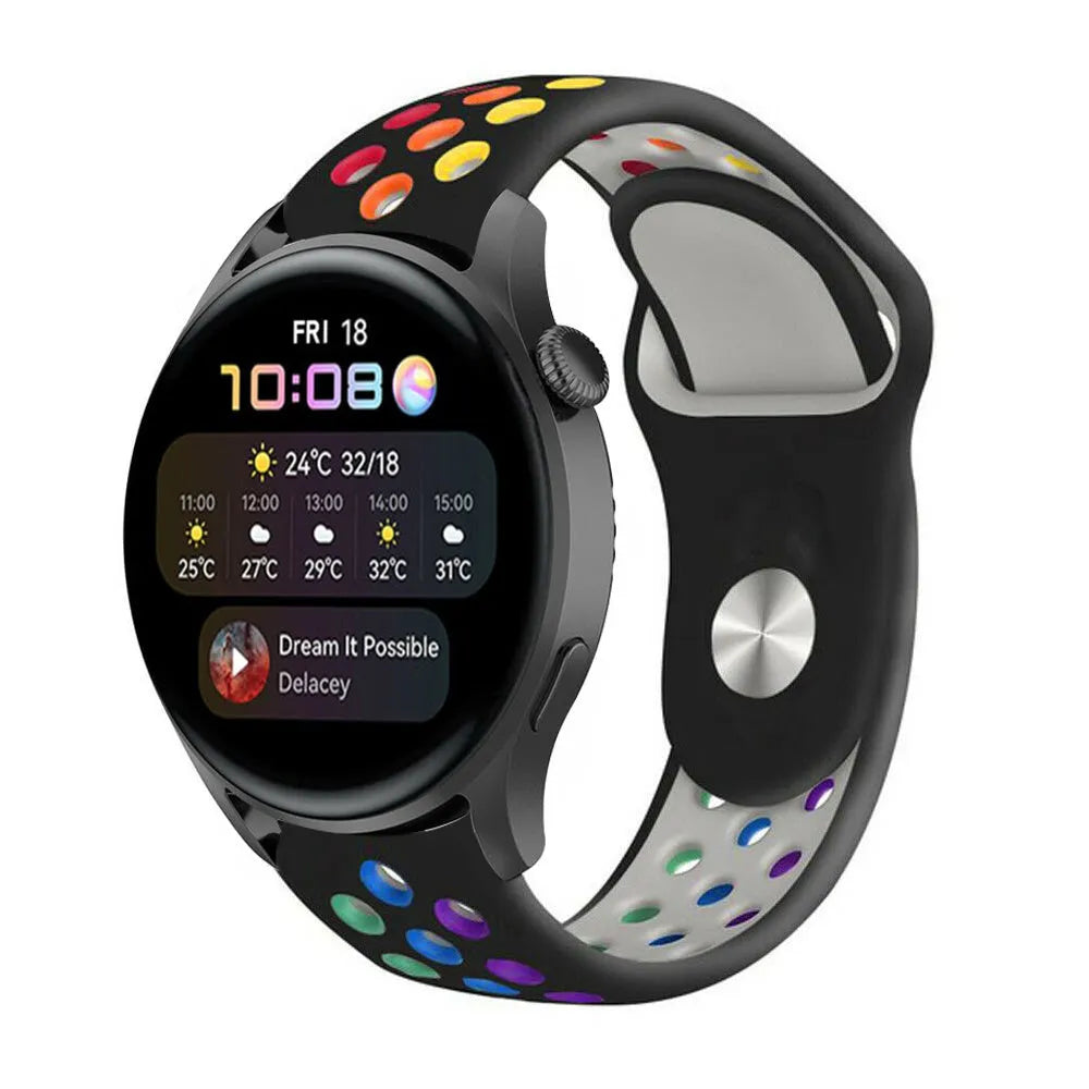Silicone Sport Strap, black/colourful, on a watch, 3/4 front view