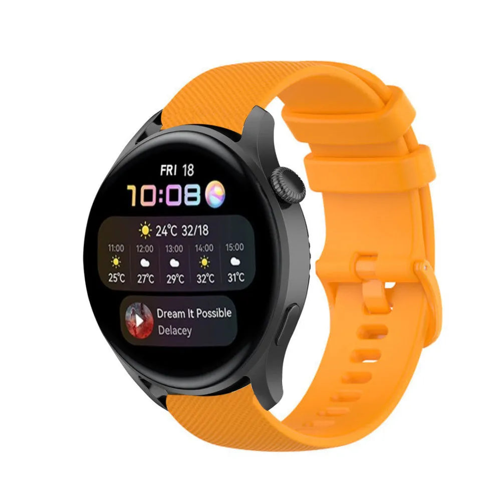Premium Silicone Strap, orange, on a watch, 3/4 front view