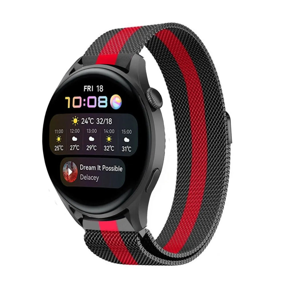 Milanese Strap, black/red, on a watch, 3/4 front view