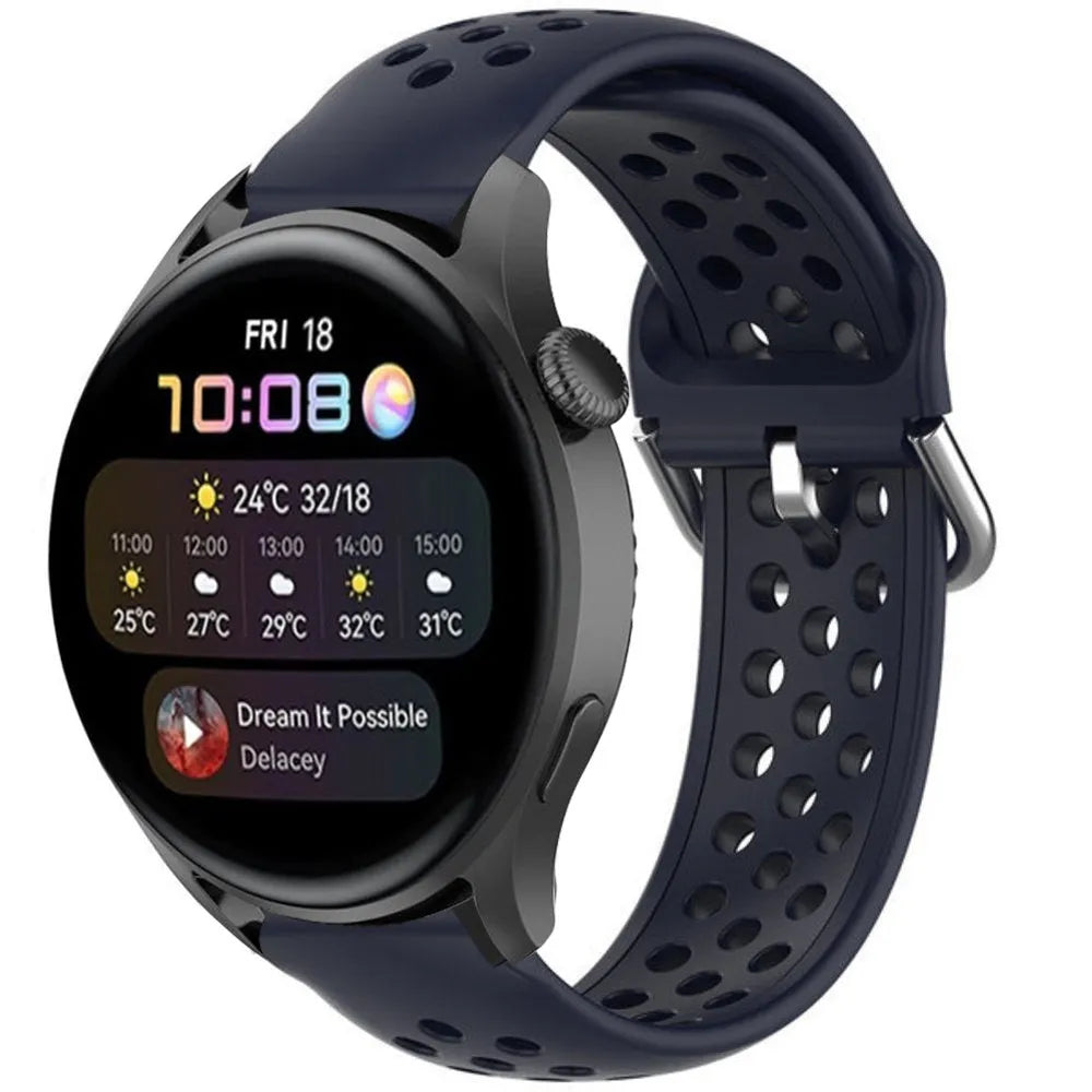 Breathable Silicone Strap, dark blue, on a watch, 3/4 front view