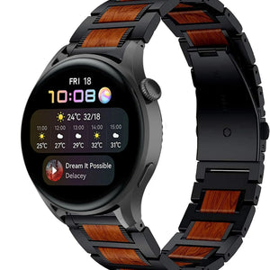 Wood Steel Strap, black, on a watch, 3/4 front view