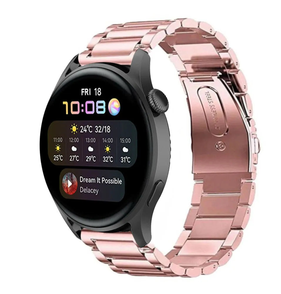 Steel Strap, pink, on a watch, 3/4 front view