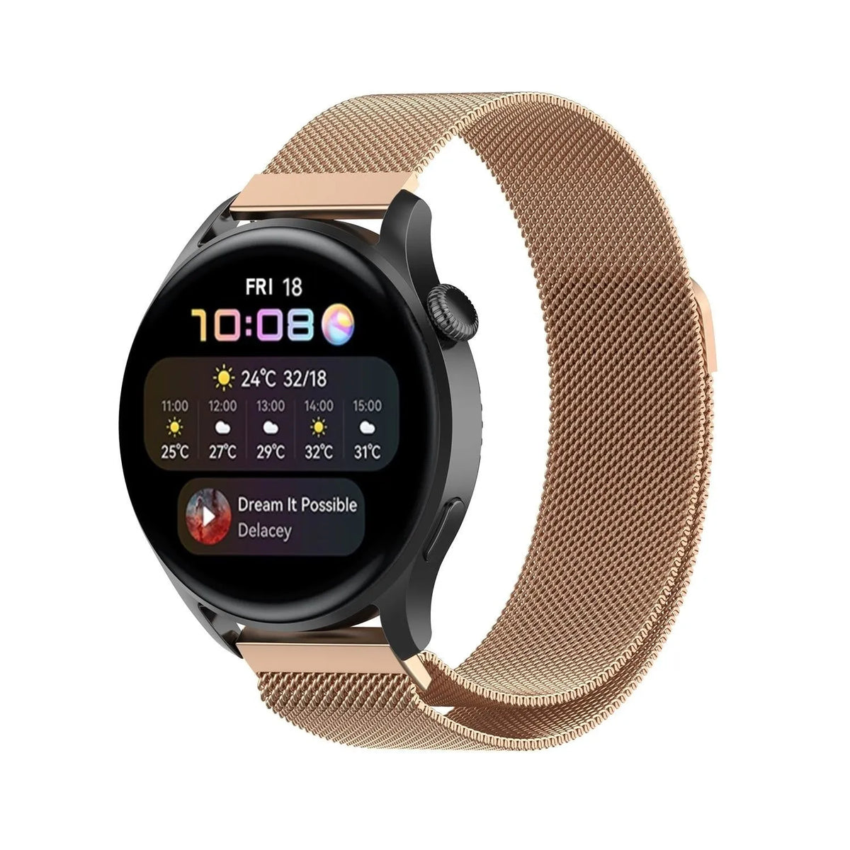 Milanese Strap, rose gold, on a watch, 3/4 front view