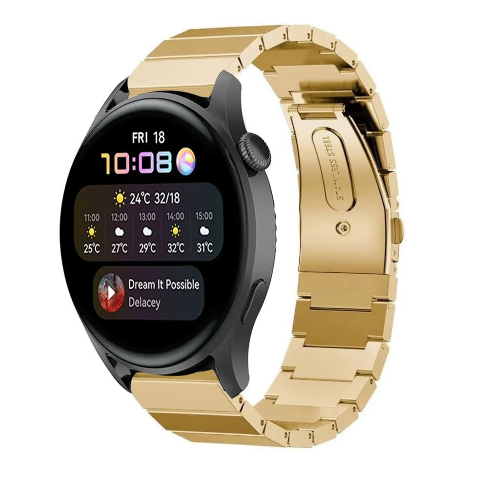 Premium Metal Strap, gold, on a watch, 3/4 front view