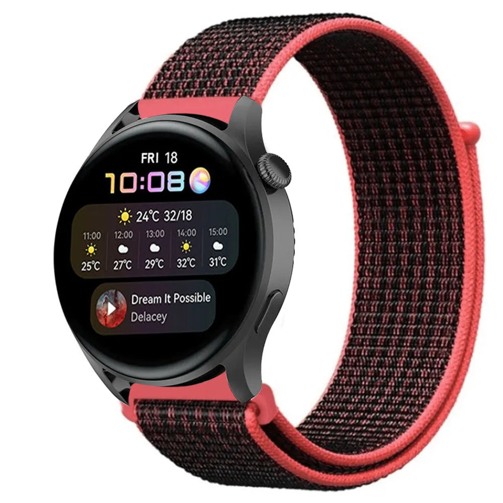 Nylon Strap, black/coral, on a watch, 3/4 front view