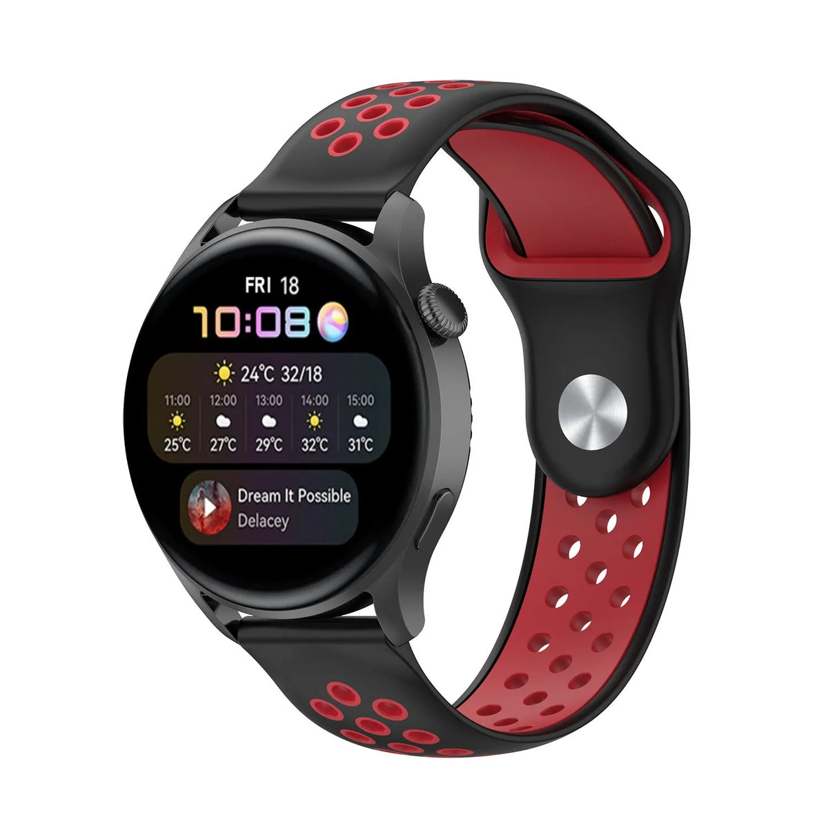 Silicone Sport Strap, black/red, on a watch, 3/4 front view