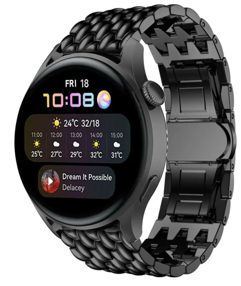 Steel Dragon Strap, black, on a watch, 3/4 front view