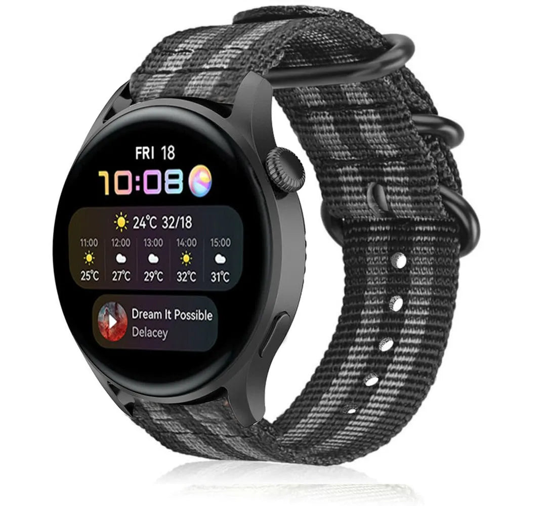 Nylon Buckle Strap, black/grey, on a watch, 3/4 front view