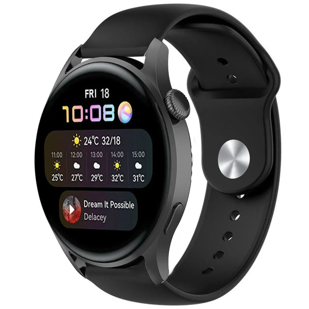 Silicone Sport Strap, black, on a watch, 3/4 front view