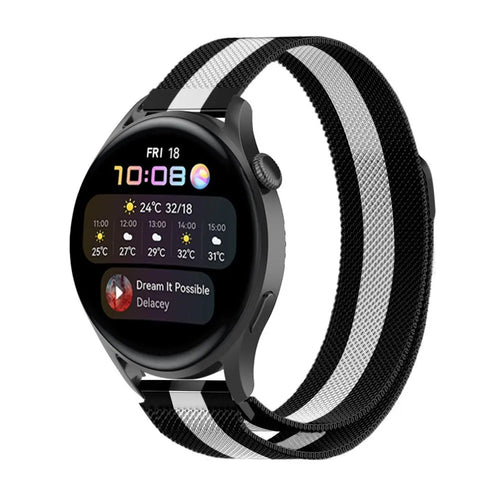 Milanese Strap, black/white, on a watch, 3/4 front view