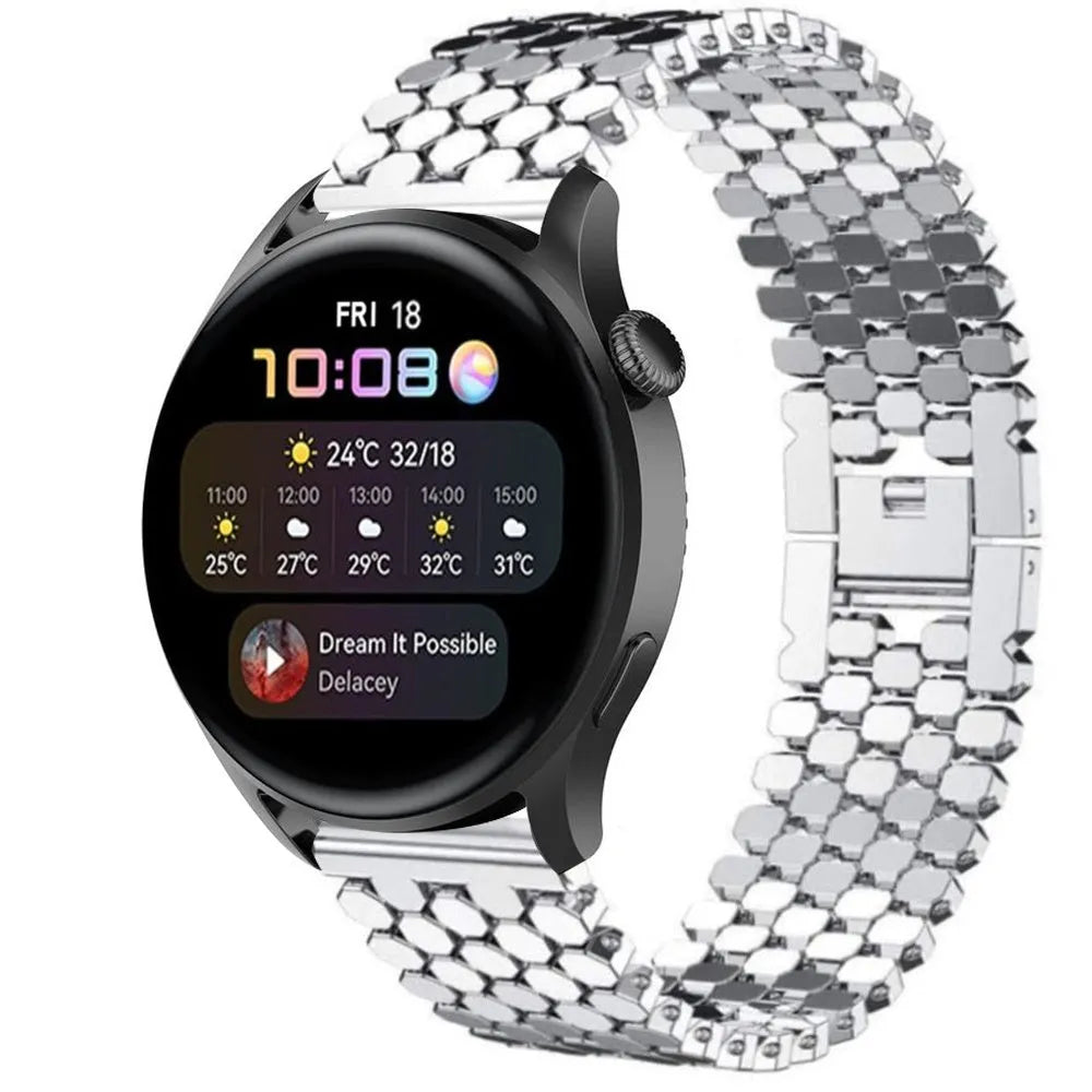 Steel Strap Hexagons, silver, on a watch, 3/4 front view