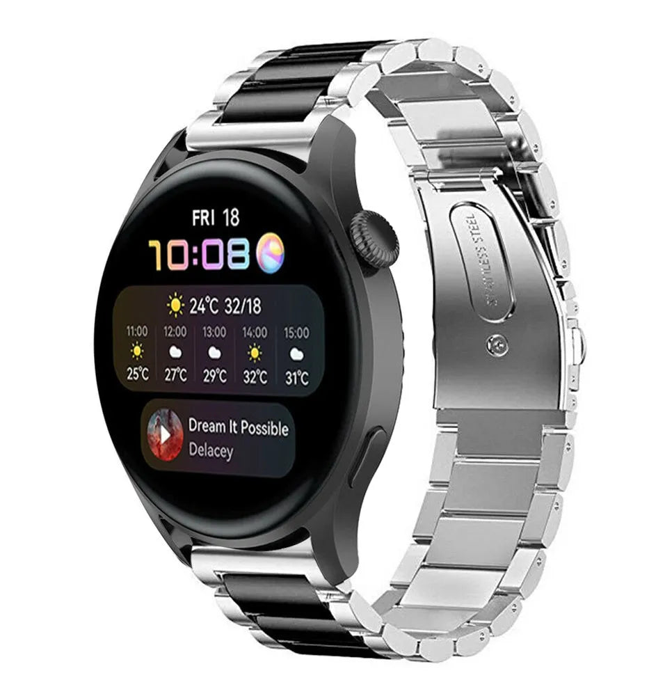 Steel Strap, silver/black, on a watch, 3/4 front view
