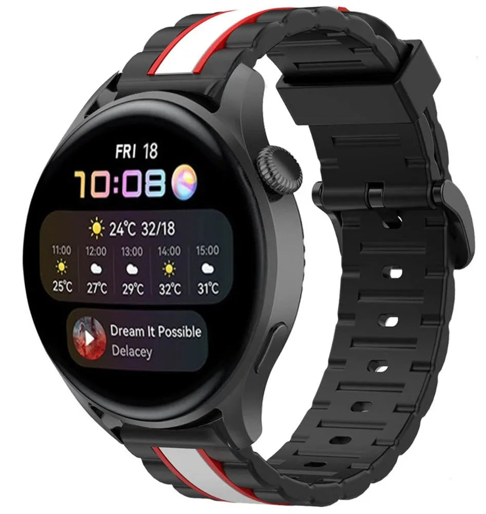 Silicone Special Edition Strap, black/white, on a watch, 3/4 front view
