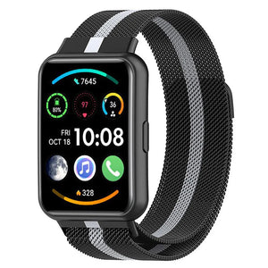 Milanese Strap, black/silver, on a watch, 3/4 front view