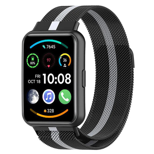 Milanese Strap, black/silver, on a watch, 3/4 front view