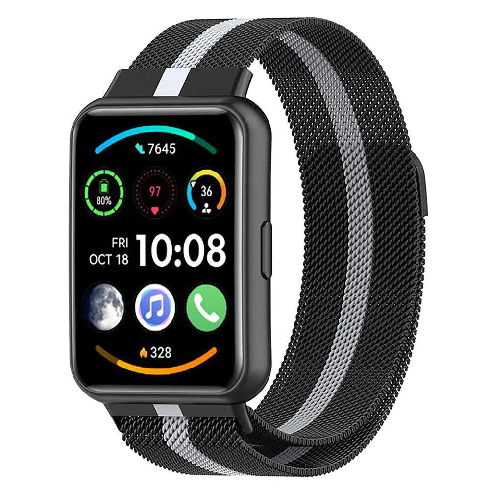 Milanese Strap, black/silver, on a watch, 3/4 front view