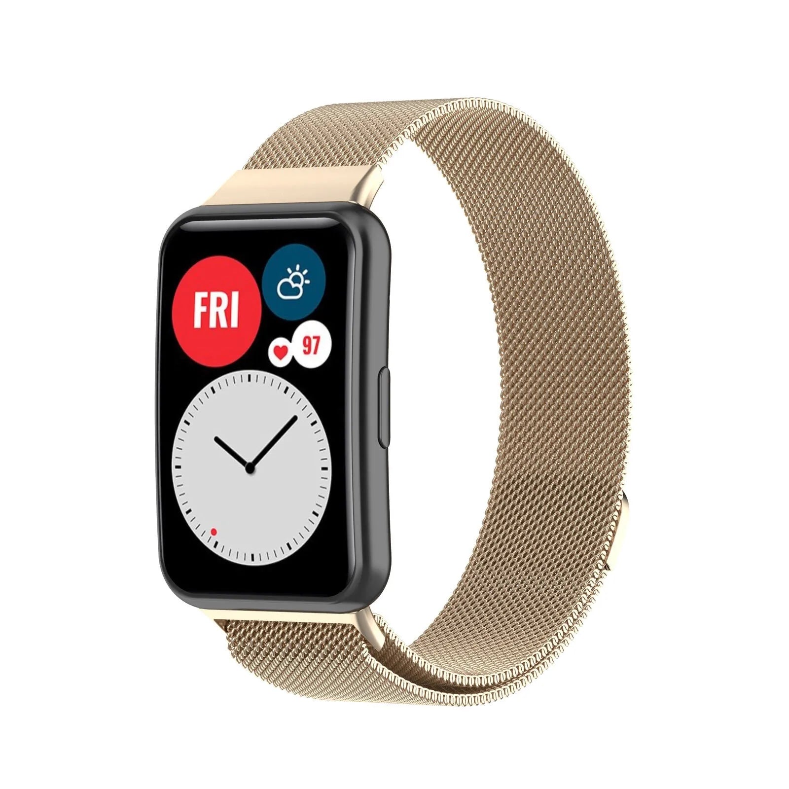 Milanese Strap, champagne, on a watch, 3/4 front view