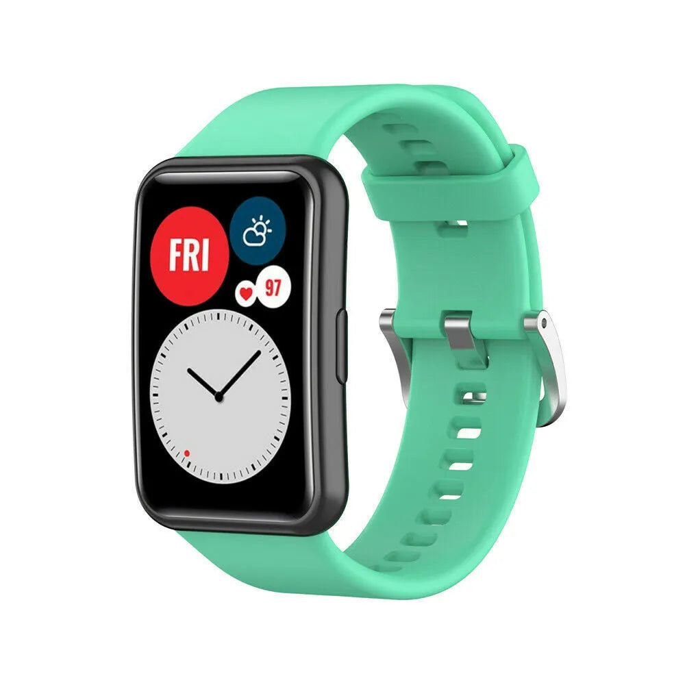 Silicone Strap, aqua, on a watch, 3/4 front view